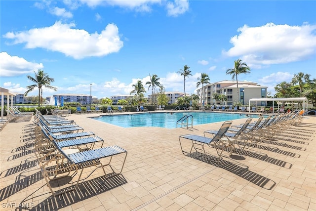 view of swimming pool featuring a patio area