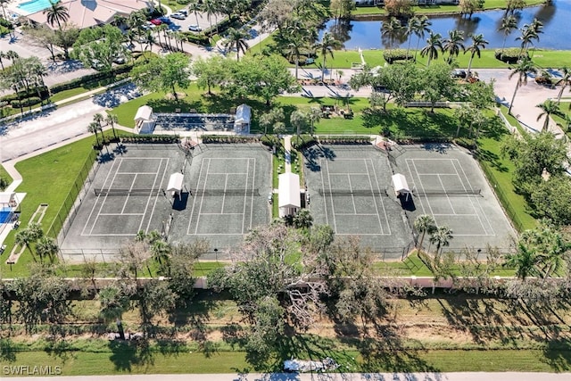 drone / aerial view with a water view