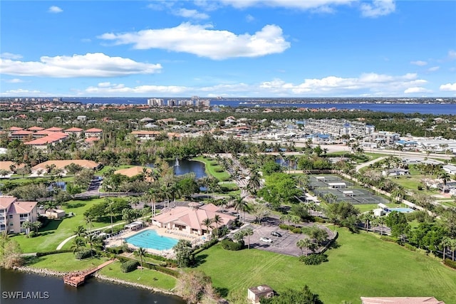 drone / aerial view with a water view