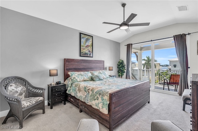 carpeted bedroom featuring ceiling fan, access to exterior, and lofted ceiling