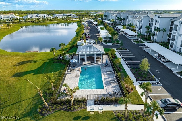 bird's eye view with a water view