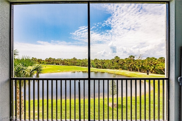 interior space with a water view