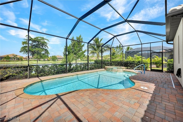 view of swimming pool featuring an in ground hot tub, glass enclosure, and a patio area