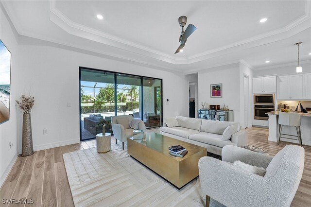 living room with a raised ceiling, light hardwood / wood-style flooring, and ornamental molding