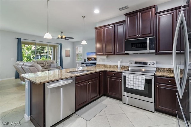 kitchen with stainless steel appliances, a peninsula, a sink, visible vents, and open floor plan