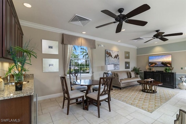 dining area featuring ornamental molding, recessed lighting, visible vents, and baseboards