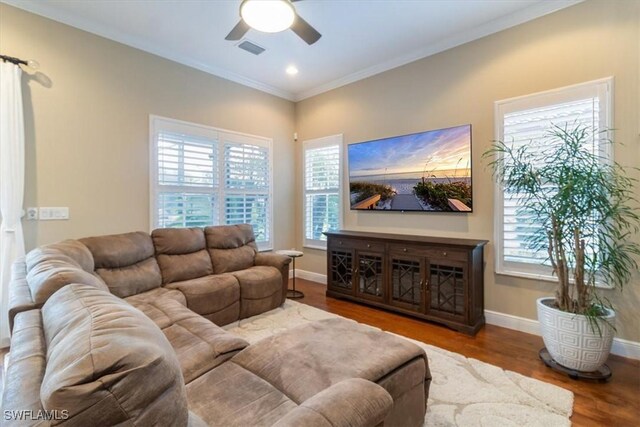 living room featuring ceiling fan, wood-type flooring, and ornamental molding