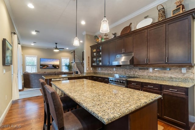 kitchen with kitchen peninsula, appliances with stainless steel finishes, dark brown cabinets, decorative light fixtures, and a breakfast bar area