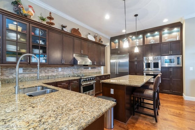 kitchen with dark brown cabinetry, sink, light stone counters, built in appliances, and pendant lighting