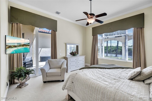 bedroom with carpet, ceiling fan, access to exterior, and crown molding