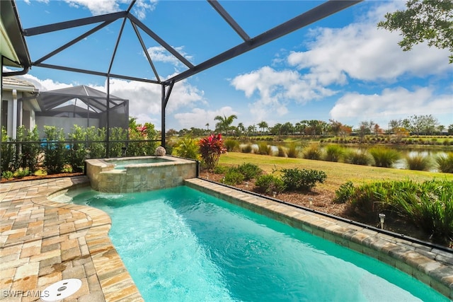 view of swimming pool with a lanai, an in ground hot tub, and a water view