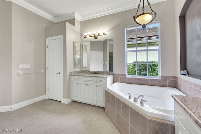 bathroom with tiled bath, crown molding, tile patterned floors, and vanity