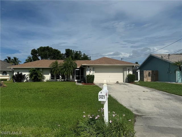 single story home featuring a garage, driveway, a front lawn, and stucco siding