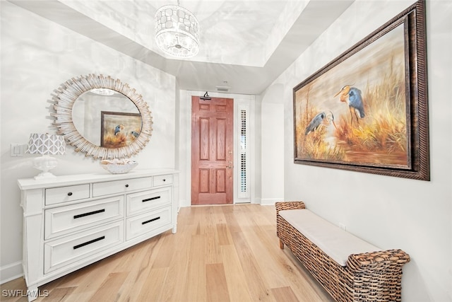 hall featuring a raised ceiling and light hardwood / wood-style flooring