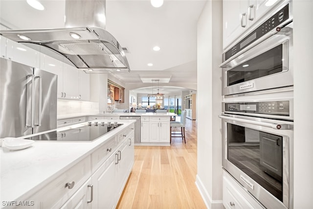 kitchen with light hardwood / wood-style flooring, tasteful backsplash, stainless steel appliances, island exhaust hood, and white cabinets