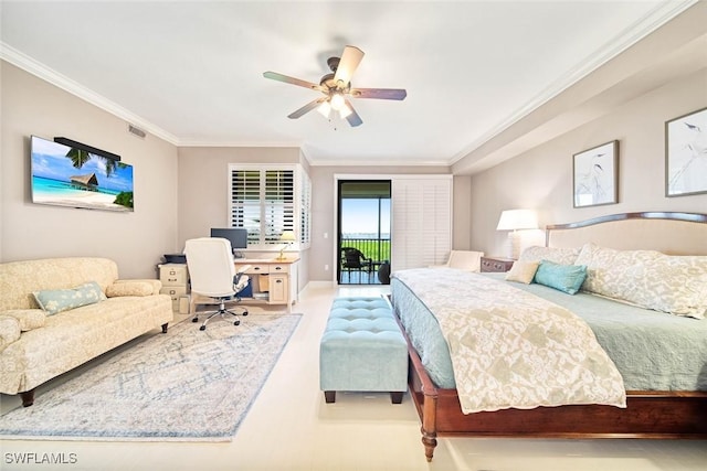 bedroom featuring ceiling fan, access to exterior, and ornamental molding