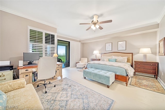 bedroom with ceiling fan, ornamental molding, and light wood-type flooring