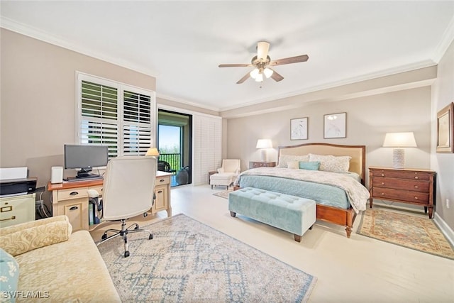 bedroom featuring access to exterior, crown molding, and ceiling fan