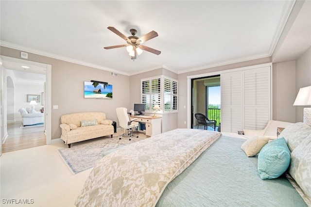 bedroom with ornamental molding, access to outside, and ceiling fan