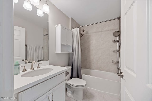 full bathroom featuring tile patterned flooring, toilet, vanity, and shower / bathtub combination with curtain