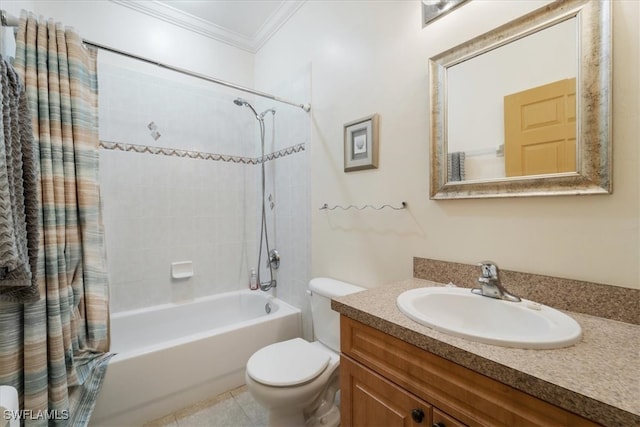 full bathroom with vanity, crown molding, toilet, tile patterned floors, and shower / bath combo with shower curtain