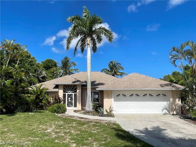 single story home with a garage and a front lawn