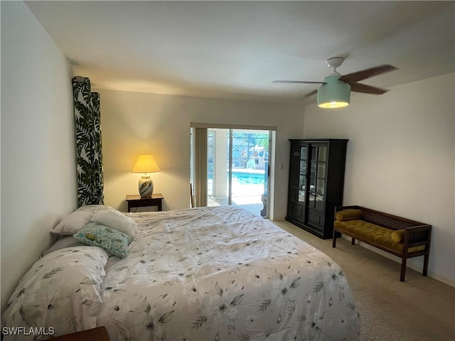 bedroom with carpet floors, access to exterior, and ceiling fan