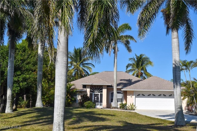 28124 Meadowlark Ln, Bonita Springs, FL 34134 - ranch-style house with a front yard, stucco siding, concrete driveway, and a garage