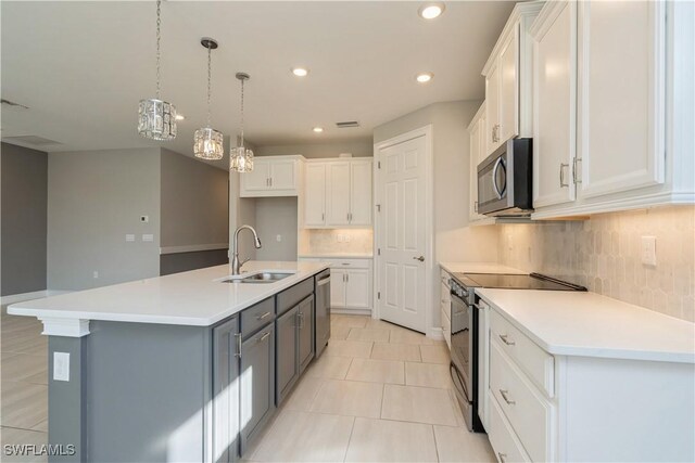 kitchen featuring a kitchen island with sink, white cabinetry, backsplash, stainless steel appliances, and sink