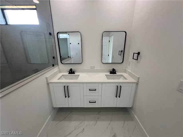 bathroom with tile patterned flooring and dual vanity