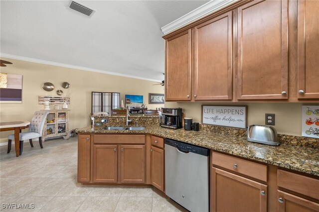 kitchen with stainless steel dishwasher, a ceiling fan, ornamental molding, a sink, and a peninsula