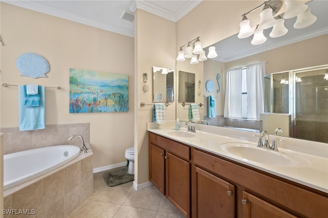 full bathroom featuring ornamental molding, a sink, a shower stall, and a bath