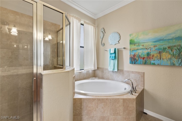 full bath featuring a garden tub, crown molding, and a shower stall