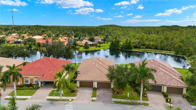 birds eye view of property with a water view and a forest view