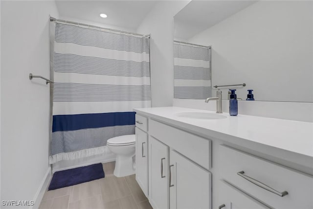 bathroom featuring radiator heating unit, tile patterned flooring, vanity, toilet, and a shower with curtain