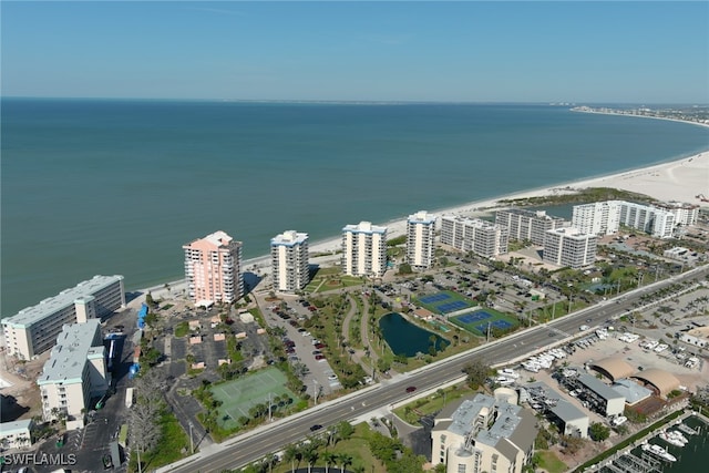 drone / aerial view with a view of city and a water view