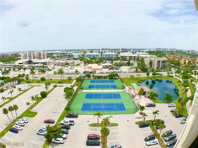 birds eye view of property featuring a water view