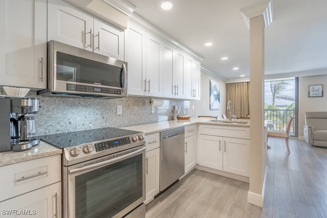 kitchen with sink, light wood-type flooring, light stone countertops, tasteful backsplash, and stainless steel appliances