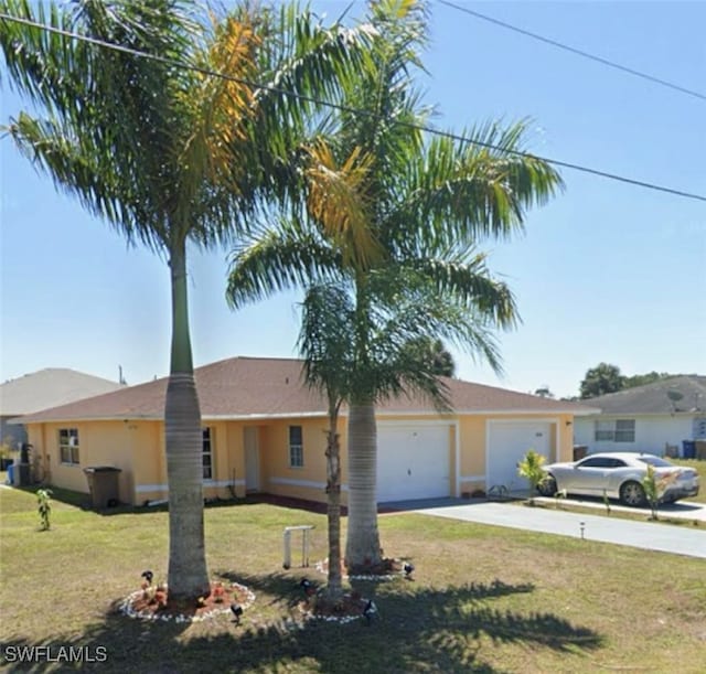 single story home featuring a garage and a front yard