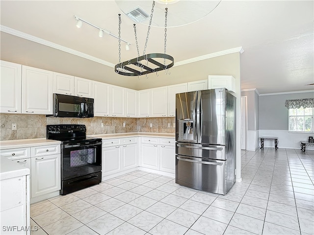 kitchen with black appliances, backsplash, ornamental molding, white cabinetry, and light tile patterned flooring