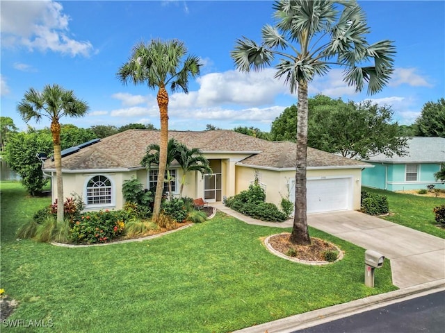 ranch-style house featuring a garage, stucco siding, and a front yard