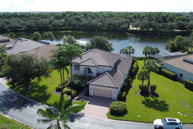 aerial view featuring a water view