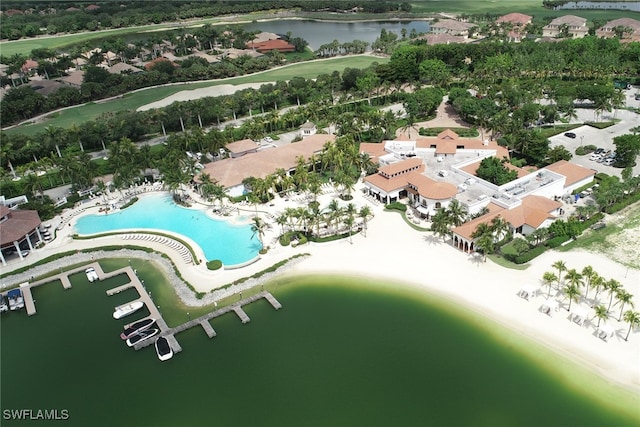 birds eye view of property featuring a water view