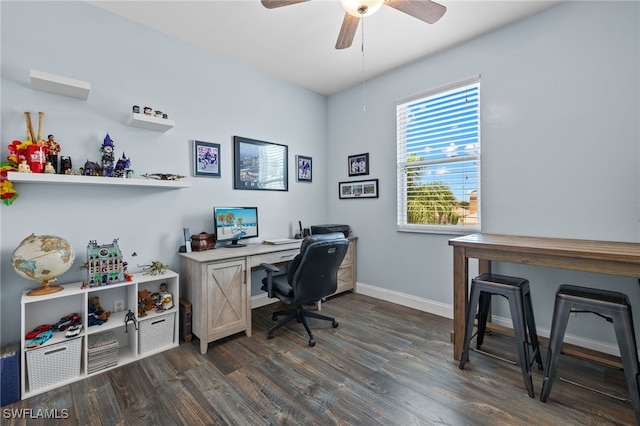 office area featuring ceiling fan and dark wood-type flooring