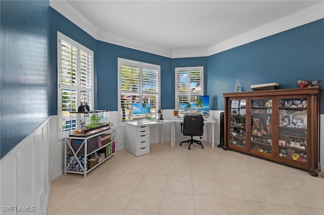 office with crown molding and light tile patterned floors