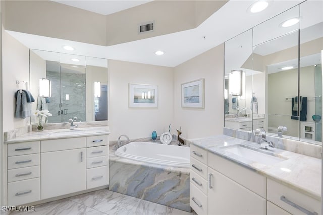 full bath with a sink, visible vents, marble finish floor, a marble finish shower, and a bath