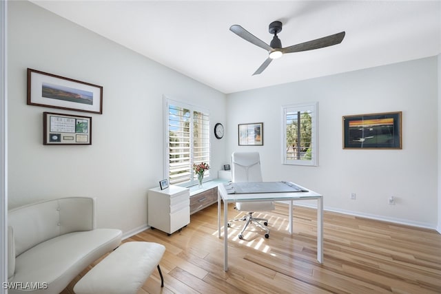 office with light wood finished floors, plenty of natural light, baseboards, and ceiling fan