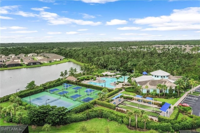 birds eye view of property featuring a water view