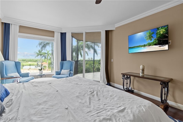 bedroom featuring crown molding, access to exterior, dark hardwood / wood-style floors, and ceiling fan