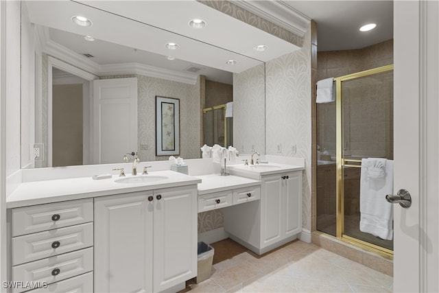 bathroom with vanity, walk in shower, ornamental molding, and tile patterned flooring